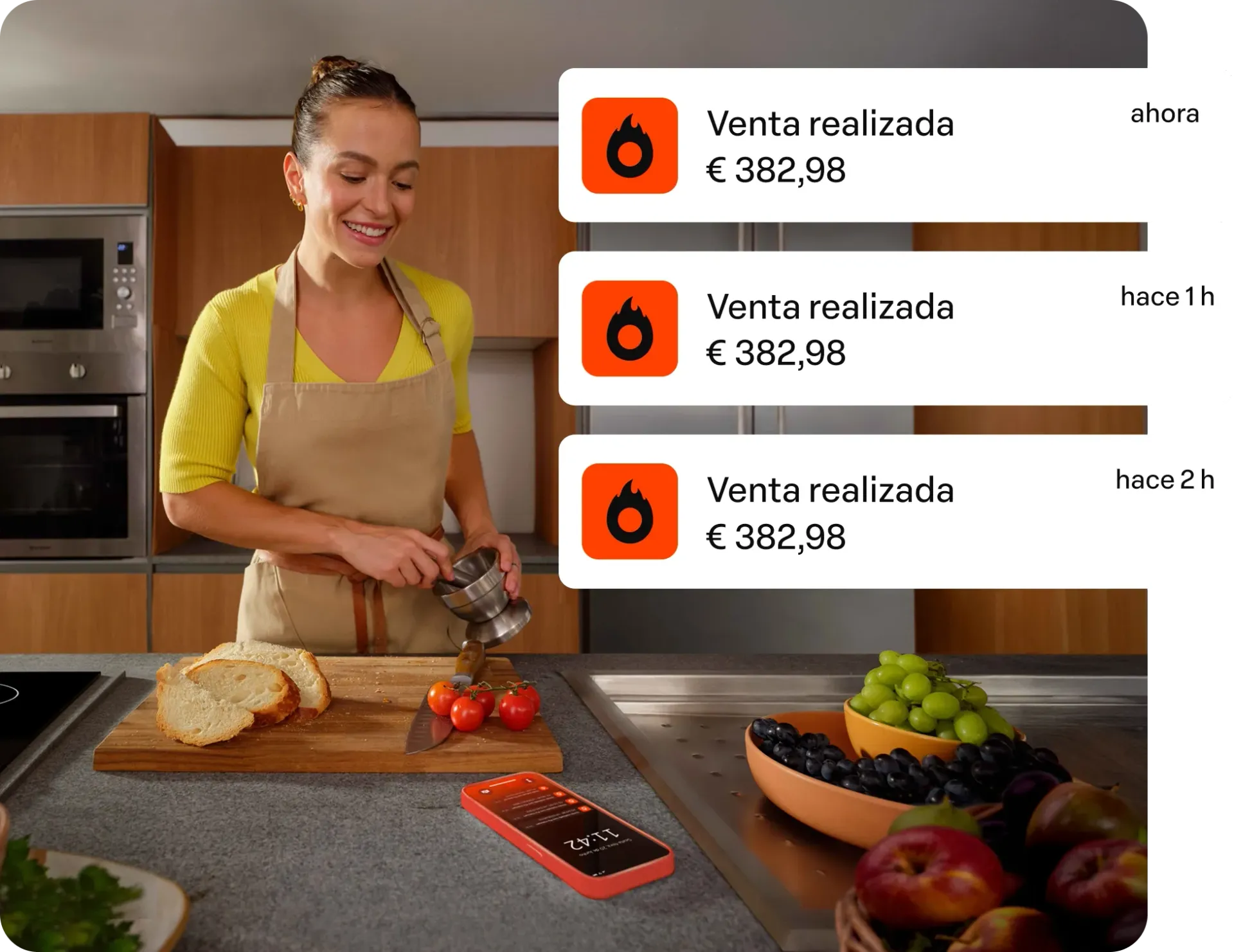 Mulher assando pão em uma cozinha, com notificações de vendas sobrepostas na tela.