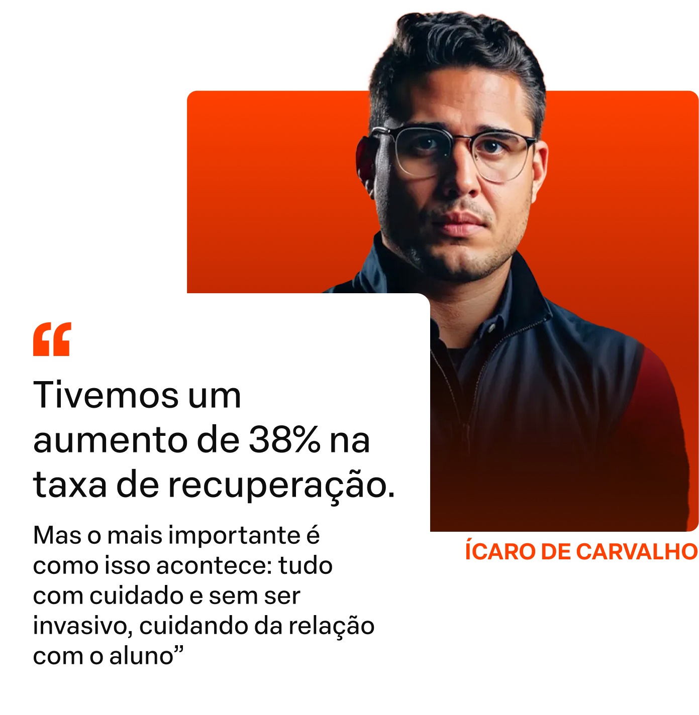 Quote card with man on orange background, reading “Tivemos um aumento de 38% na taxa de recuperação.”