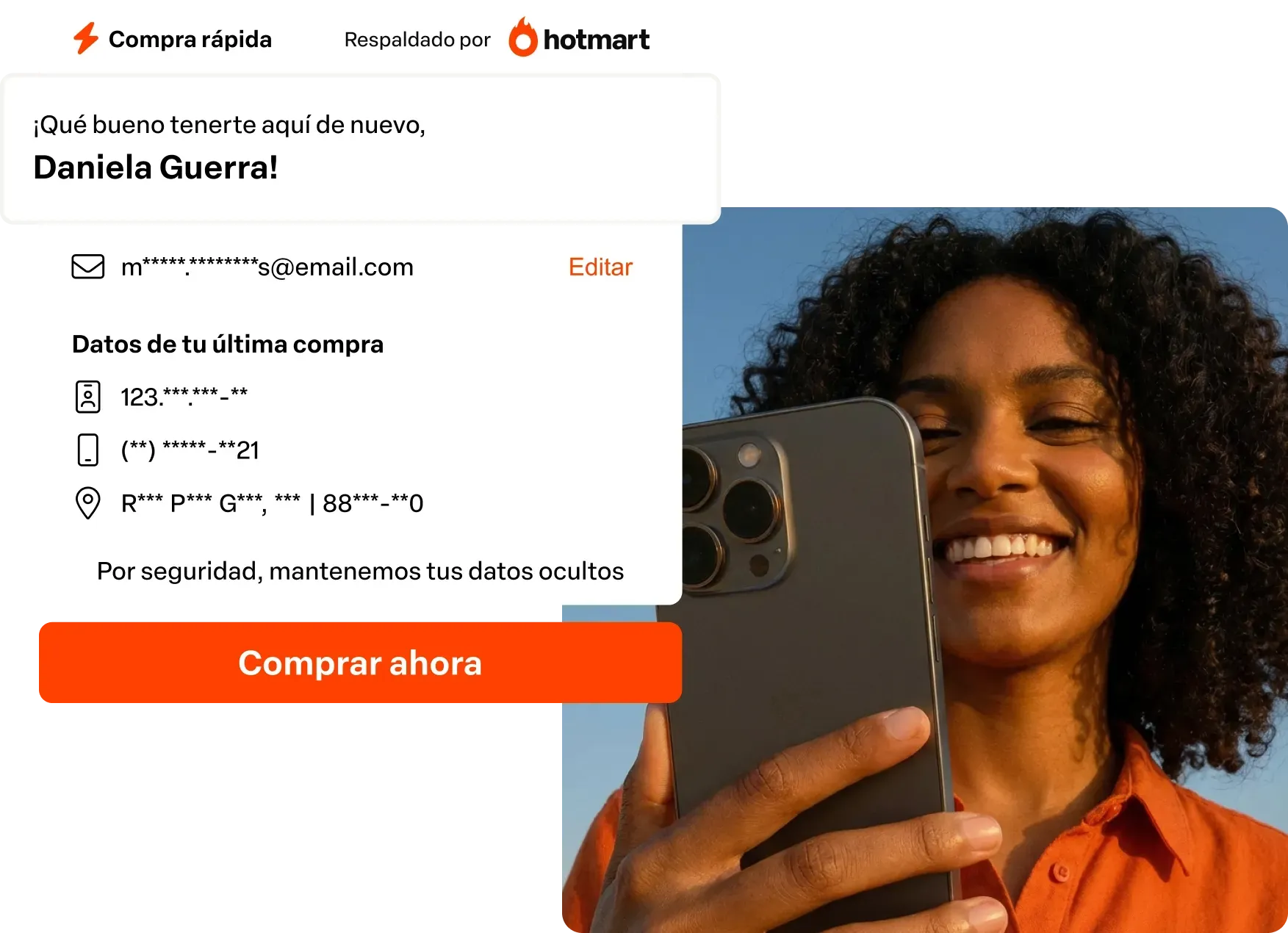 Sobreposição do checkout da Hotmart ao lado de uma mulher sorridente segurando um telefone, com o botão laranja “Comprar agora”