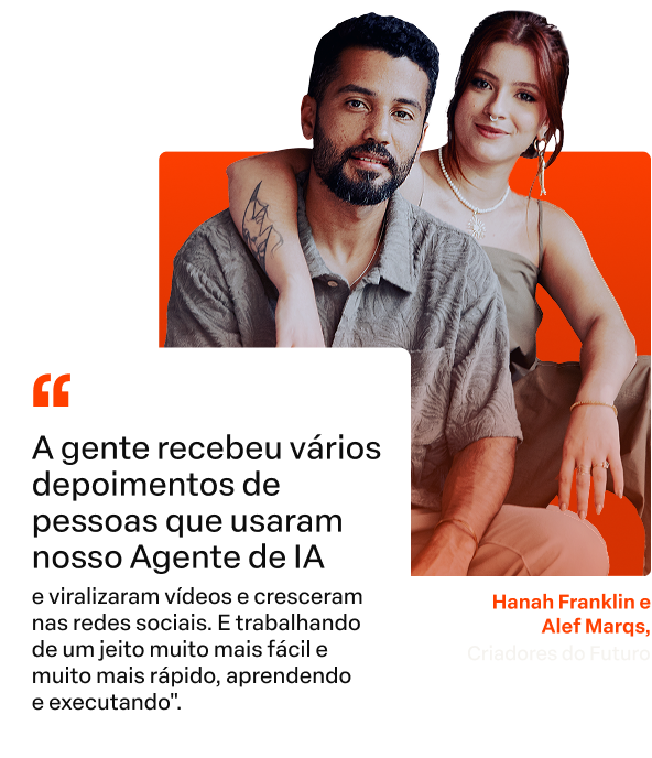 Retrato de duas pessoas ao lado de uma citação em português sobre o uso de IA nas redes sociais.