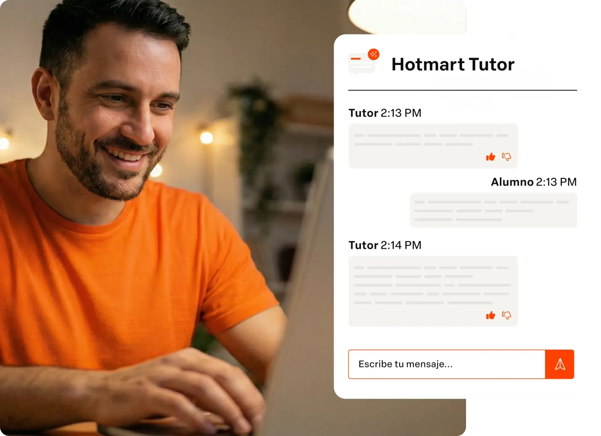 Painel do Hotmart Tutor ao lado de uma mulher com uma camisa laranja usando um laptop