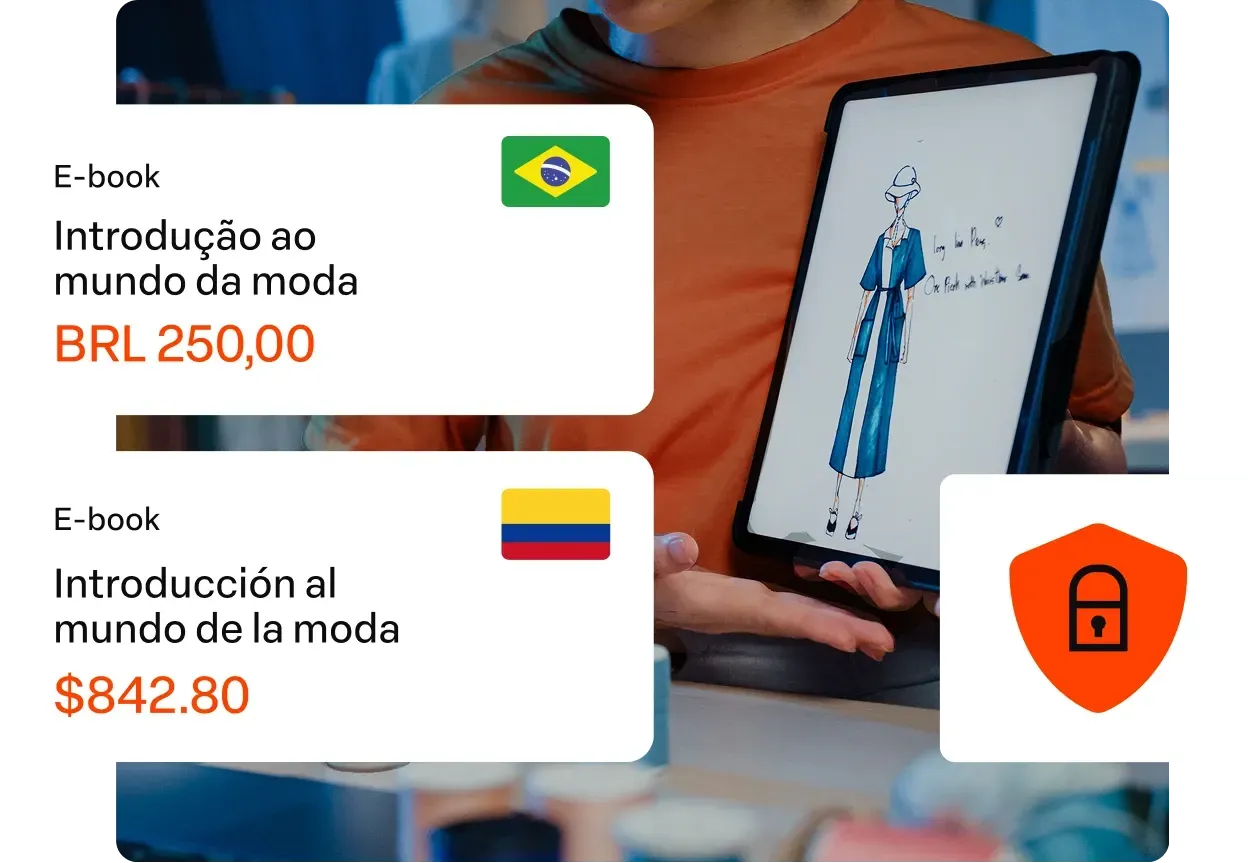 Livros eletrônicos em português e espanhol com preços exibidos em cartões sobre a imagem de uma pessoa usando um tablet.
