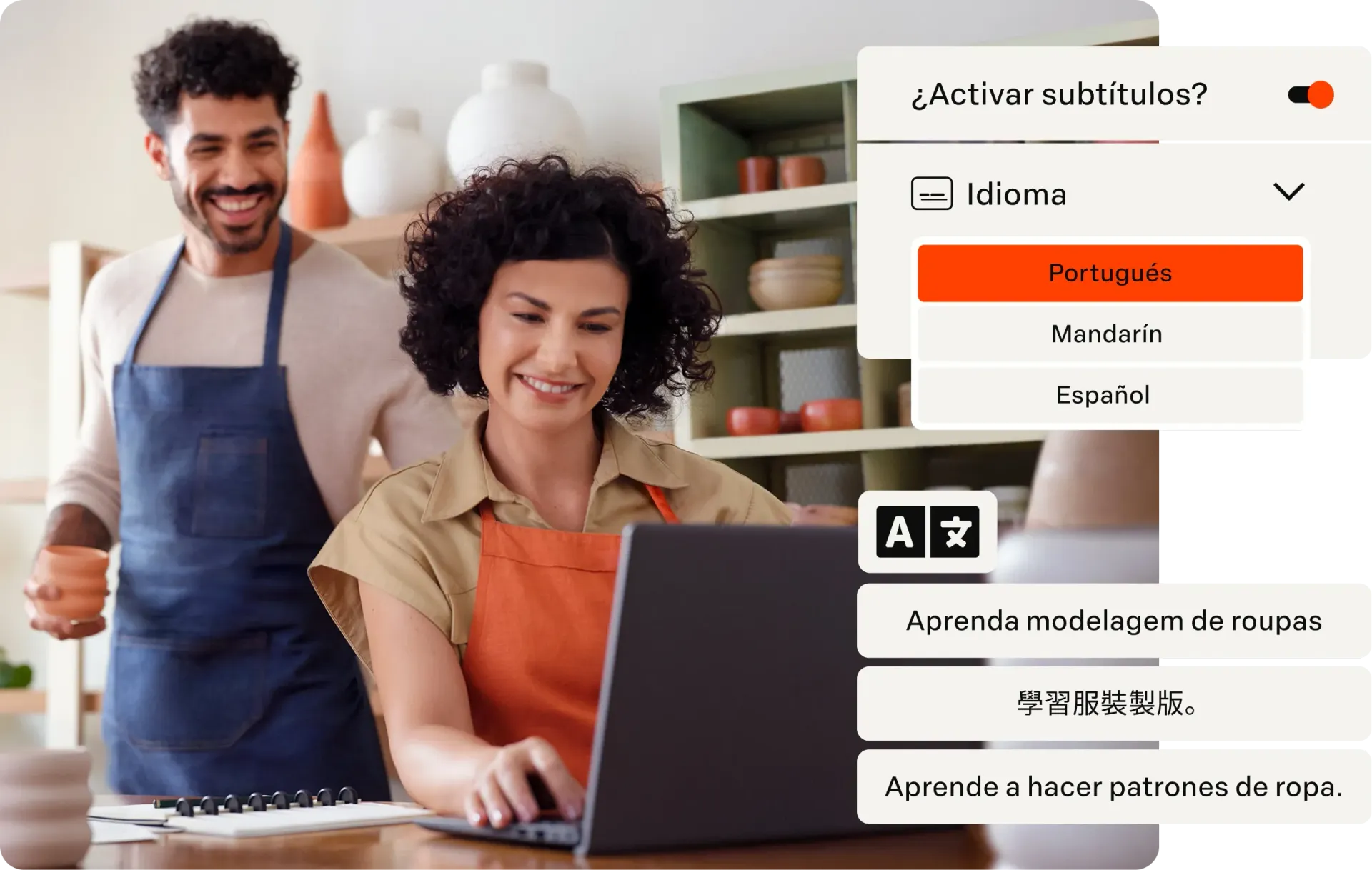 Duas pessoas em uma cozinha usando um laptop ao lado de uma interface de busca de receitas na tela.