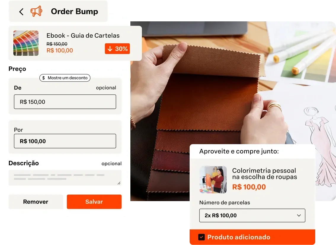 Página de finalização de compra de e-commerce com um botão laranja indicando o pedido e uma mulher fazendo compras à direita.