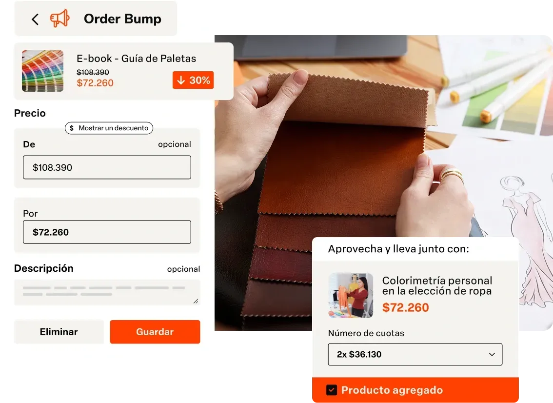 Página de finalização de compra de e-commerce com um botão laranja indicando o pedido e uma mulher fazendo compras à direita.