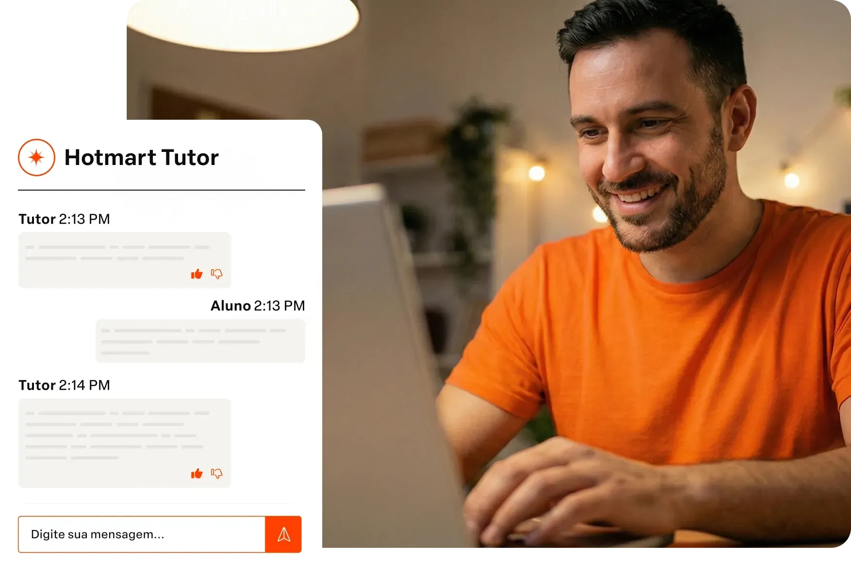 Interface do Hotmart Tutor ao lado de um homem de camisa laranja digitando em um laptop.