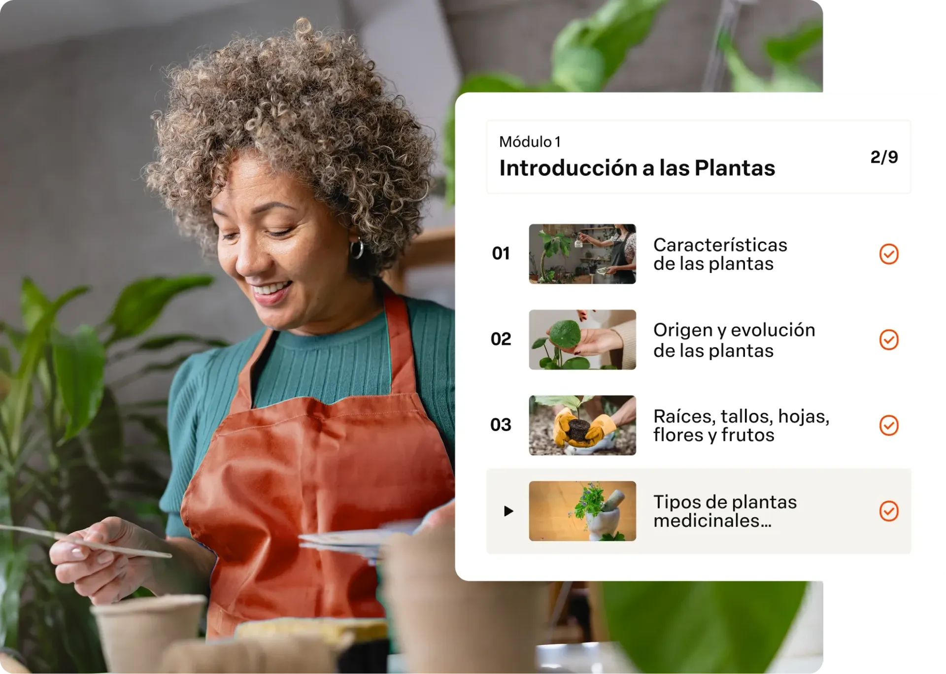 Mulher com suéter verde e avental laranja cuidando de plantas ao lado de um slide com uma aula sobre cuidados com plantas.