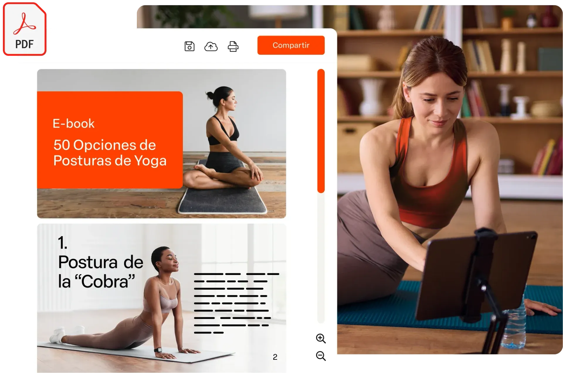 Mulher usando um tablet em um tapete de ioga ao lado de uma tela que exibe a interface de uma aula de ioga.