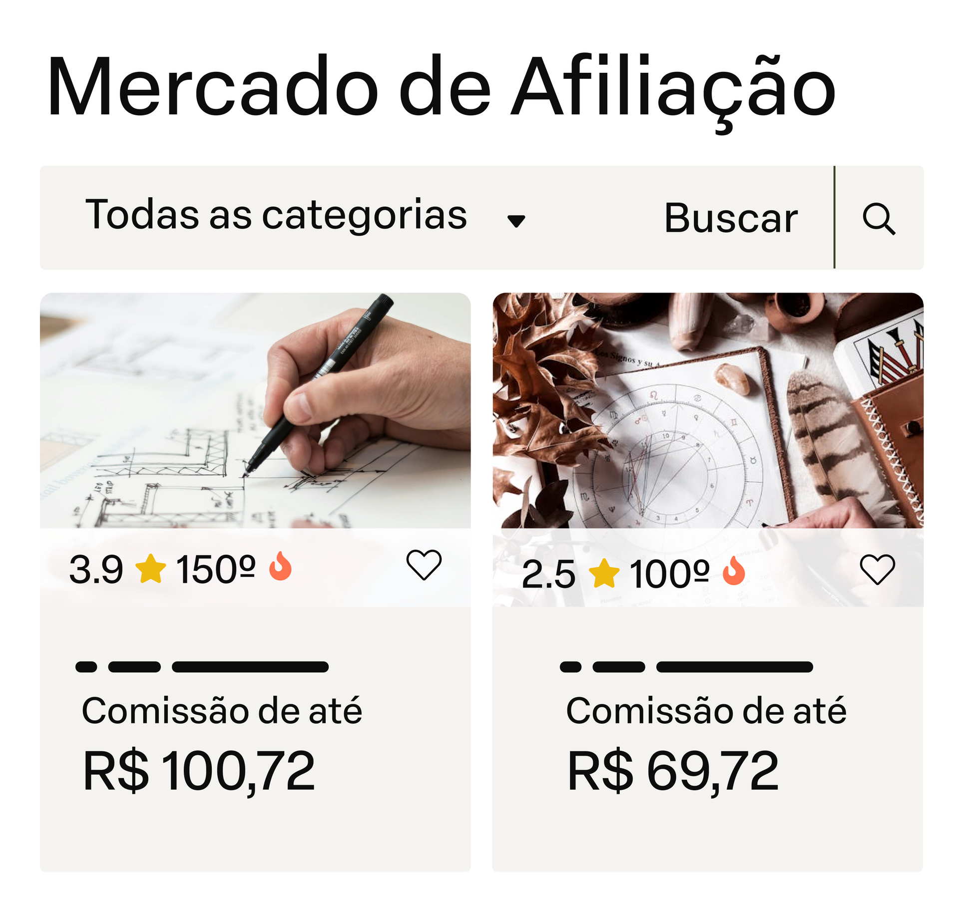 Tela do aplicativo Mercado de Afiliação mostrando anúncios de produtos com comissões em reais e avaliações.