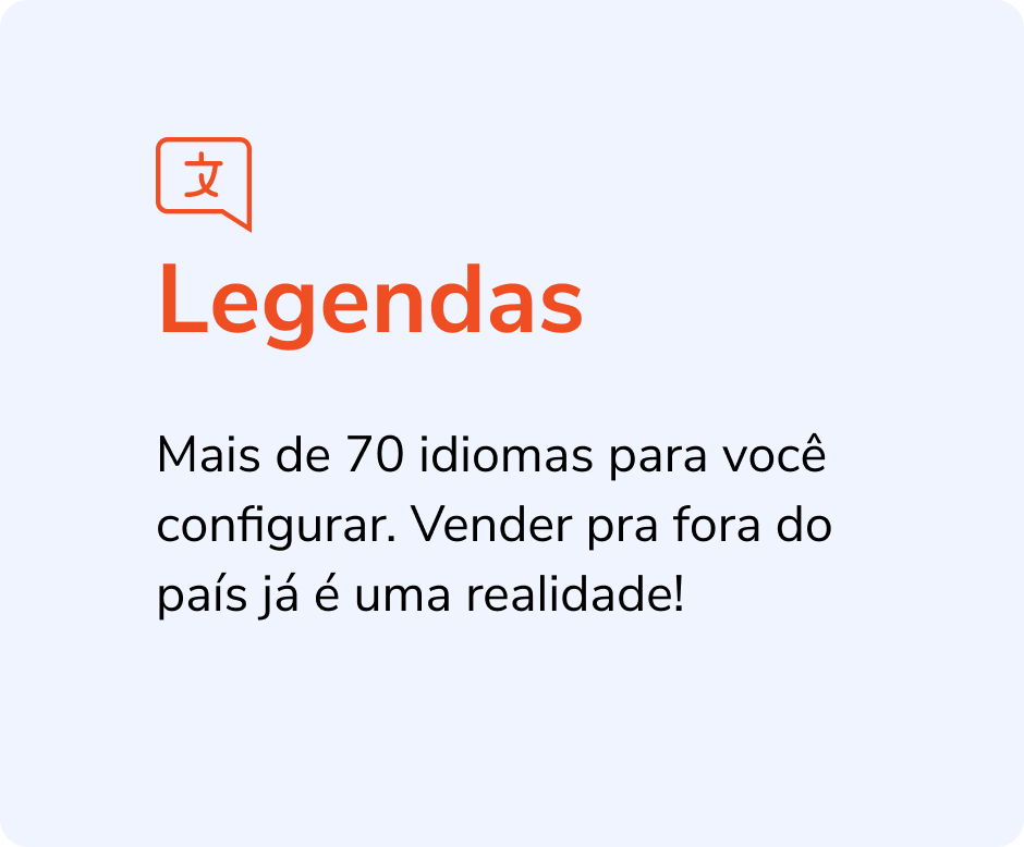 Ícone de tradução em laranja e texto “Legendas” com mensagem sobre mais de 70 idiomas disponíveis.