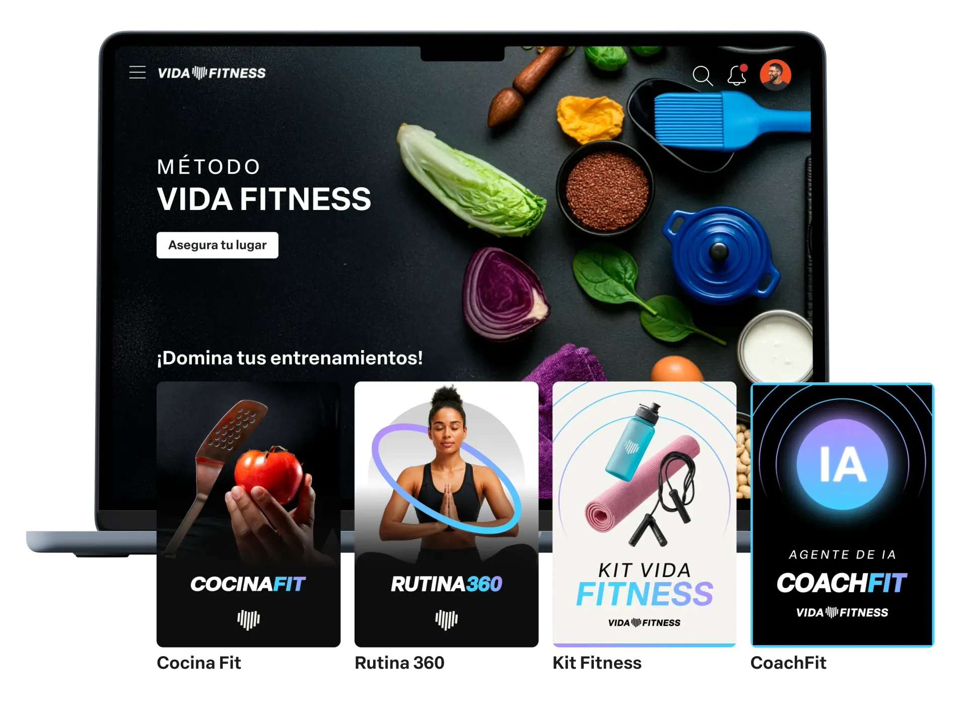 Página inicial da Metodologia VIDA FITNESS com blocos de exercícios, imagem do treinador e alimentos saudáveis em fundo escuro.