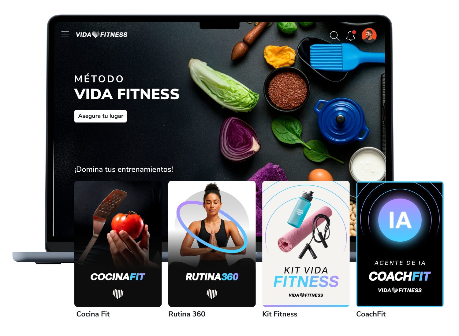 Laptop exibindo um site de fitness com suplementos, cartões de treino e um tema azul e preto.