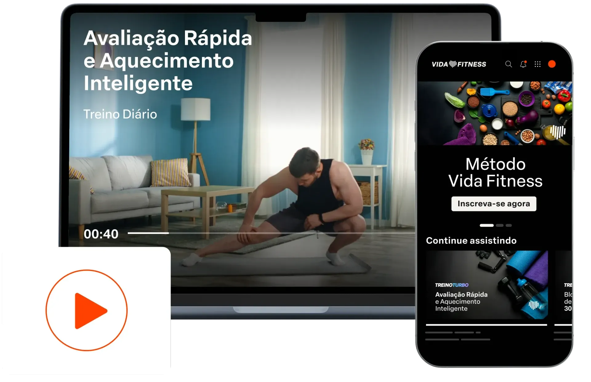 Tela promocional de fitness com laptop e celular, mostrando treino, aquecimento e vídeos de exercícios.