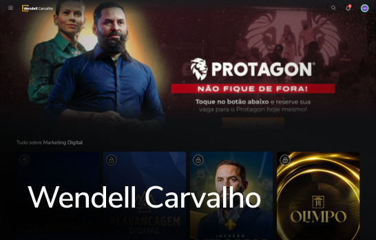 Banner promocional escuro com “PROTAGON” e “Wendell Carvalho”, com dois retratos e o título “O OUMPO”
