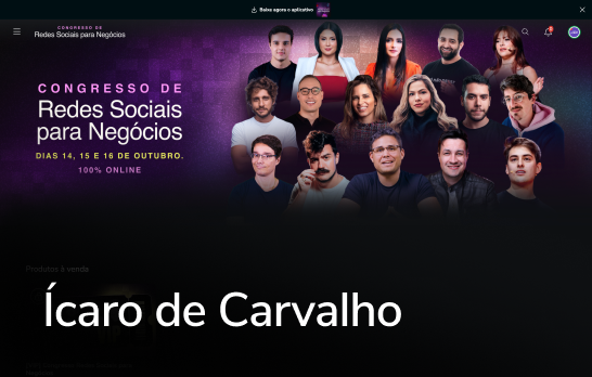 Congresso de Redes Sociais para Negócios com grupo de pessoas e nome Ícaro de Carvalho em fundo escuro