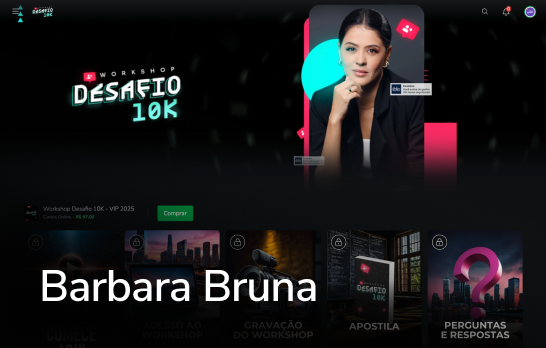 Banner promocional escuro para “Desafio 10k” com Bárbara Bruna e miniaturas do programa de fitness.