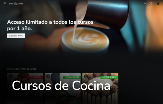 Cursos de culinária com texto promocional sobre acesso ilimitado por 1 ano e um fundo de utensílios de cozinha.