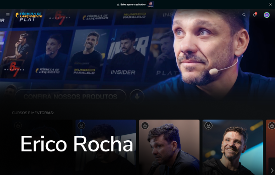 Página de perfil de esports escura com um close-up de Erico Rocha e miniaturas menores de retratos em uma interface azul.