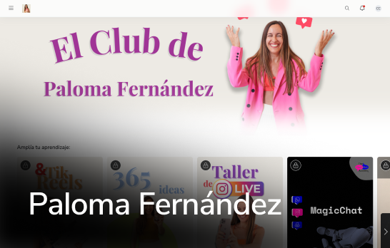 Banner para o “El Club de Paloma Fernández”, com uma mulher de roupa rosa sorrindo sobre um fundo claro.