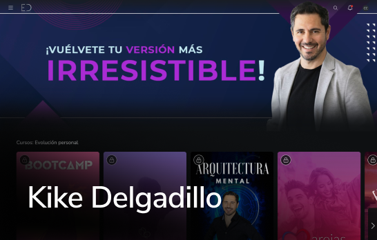 Banner com o texto “Torne-se a sua versão mais irresistível” e o nome Kike Delgadillo sobre um fundo roxo.