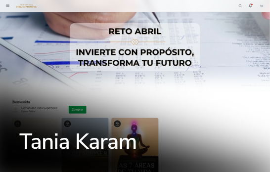 Banner do site com “DESAFIO DE ABRIL” e “INVISTA COM PROPÓSITO, TRANSFORME SEU FUTURO” acima das seções do perfil de Tania Karam