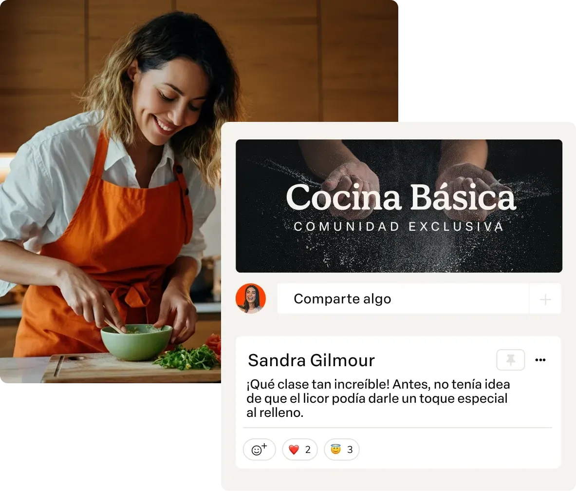 Mulher cozinhando com uma tigela verde; sobreposição de perfil com “Culinária Básica” e texto em espanhol.