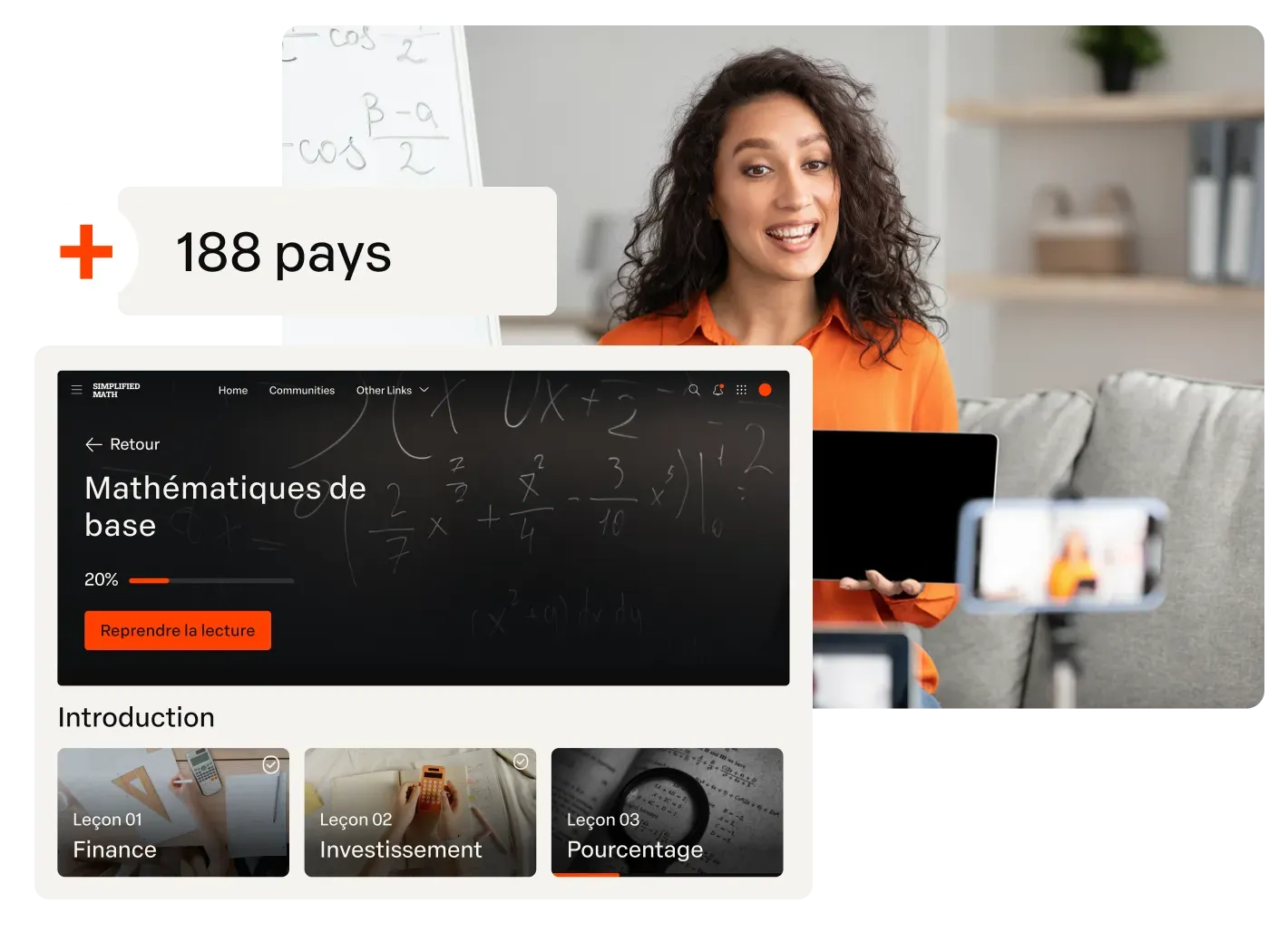 Formatrice souriante et espace membres d’une formation de mathématiques vendue dans plus de 188 pays