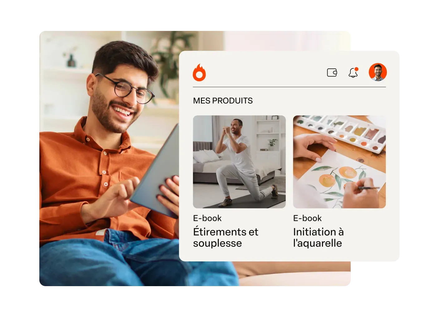 Créateur souriant gérant sur sa tablette les e-books qu’il vend, dont une initiation à l’aquarelle
