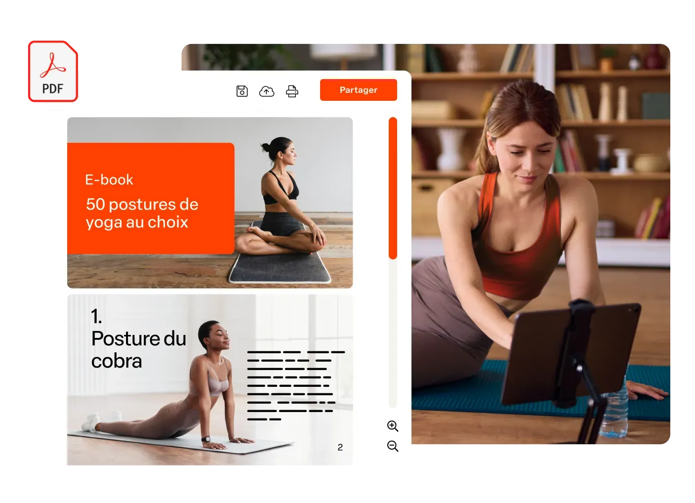 Professeure de yoga et son e-book « 50 postures de yoga » au format PDF, prêt à vendre sur Hotmart