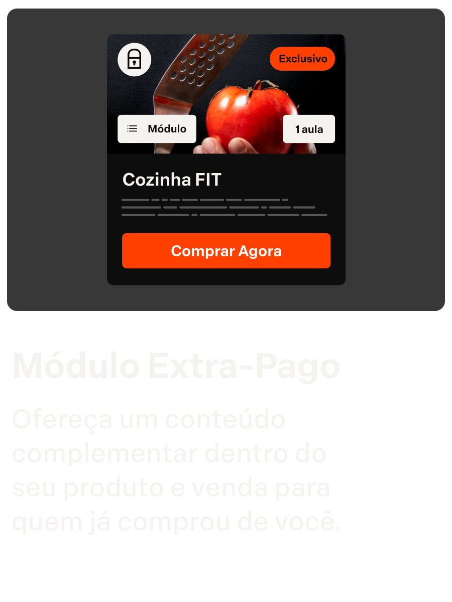 Módulo Extra-Pago
Ofereça um conteúdo complementar dentro do  seu produto e venda para  quem já comprou de você.