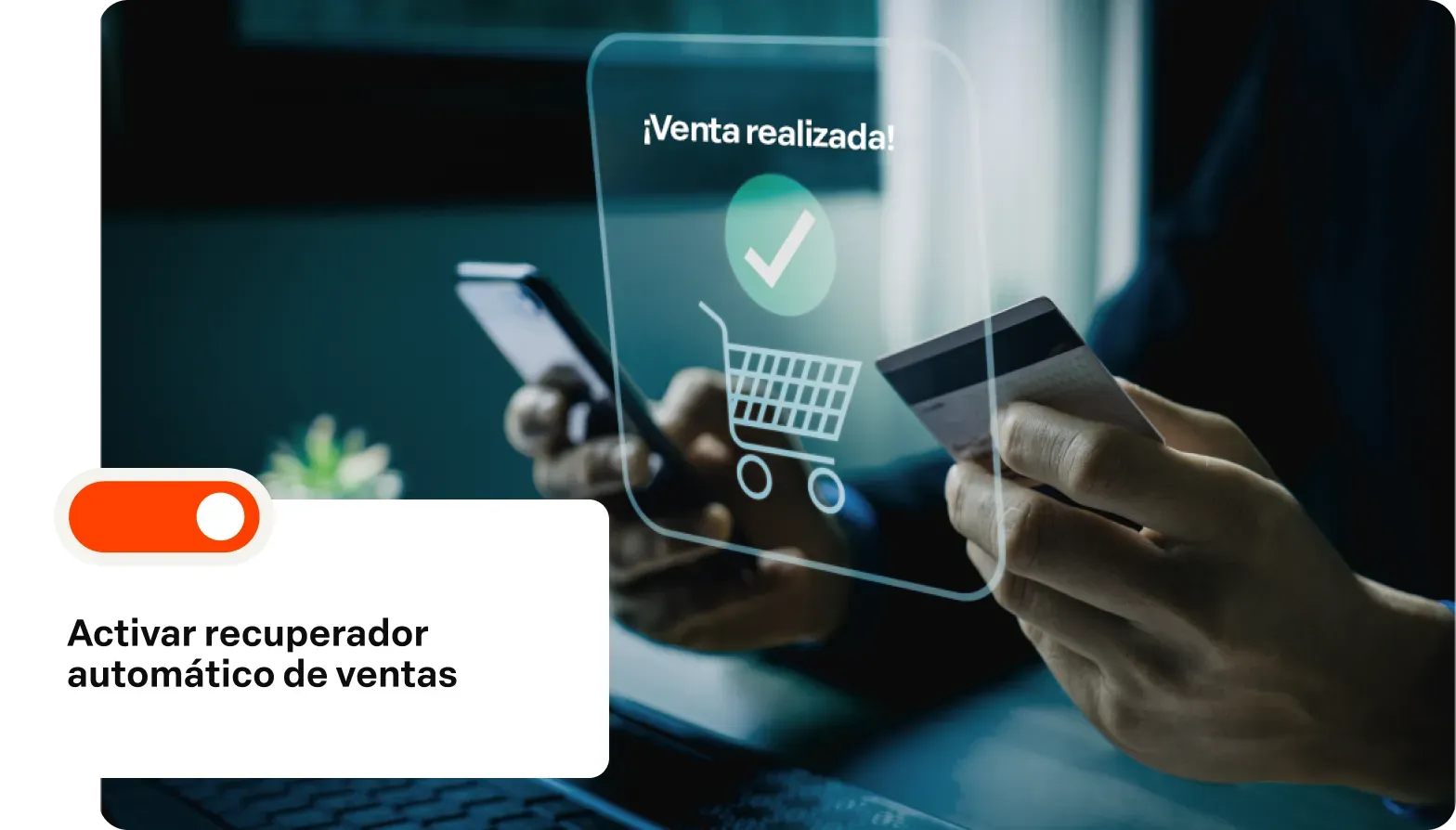 Mãos usando celular sobre laptop com ícone de vendas e carrinho, texto “Ativar recuperador de vendas automático”.