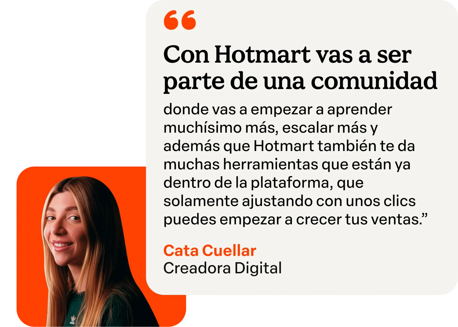 Citação em espanhol sobre a Hotmart e o crescimento das vendas, com o retrato de uma mulher ruiva sobre um fundo claro.