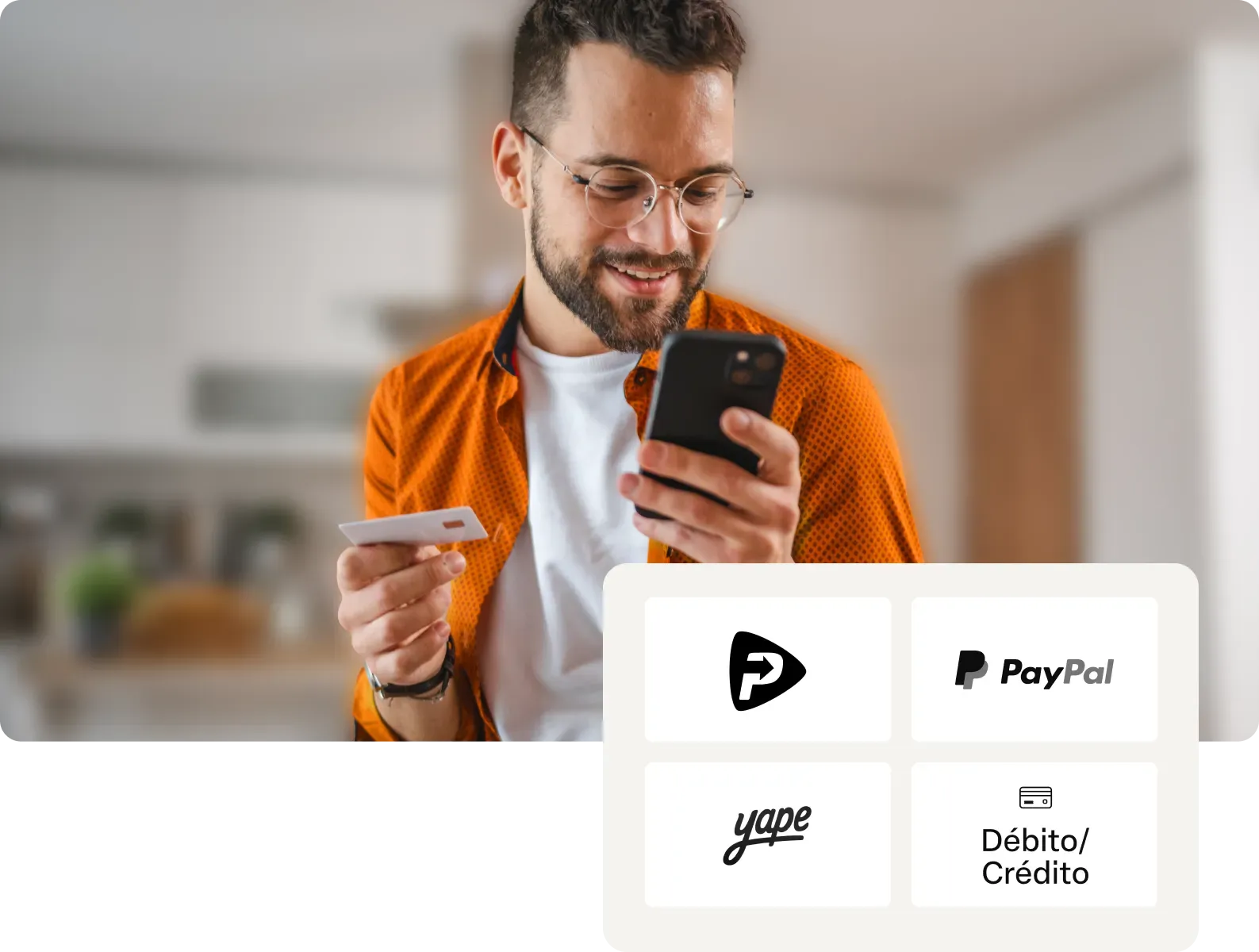 Homem de jaqueta laranja usando o celular, com uma grade de logotipos de métodos de pagamento na frente.