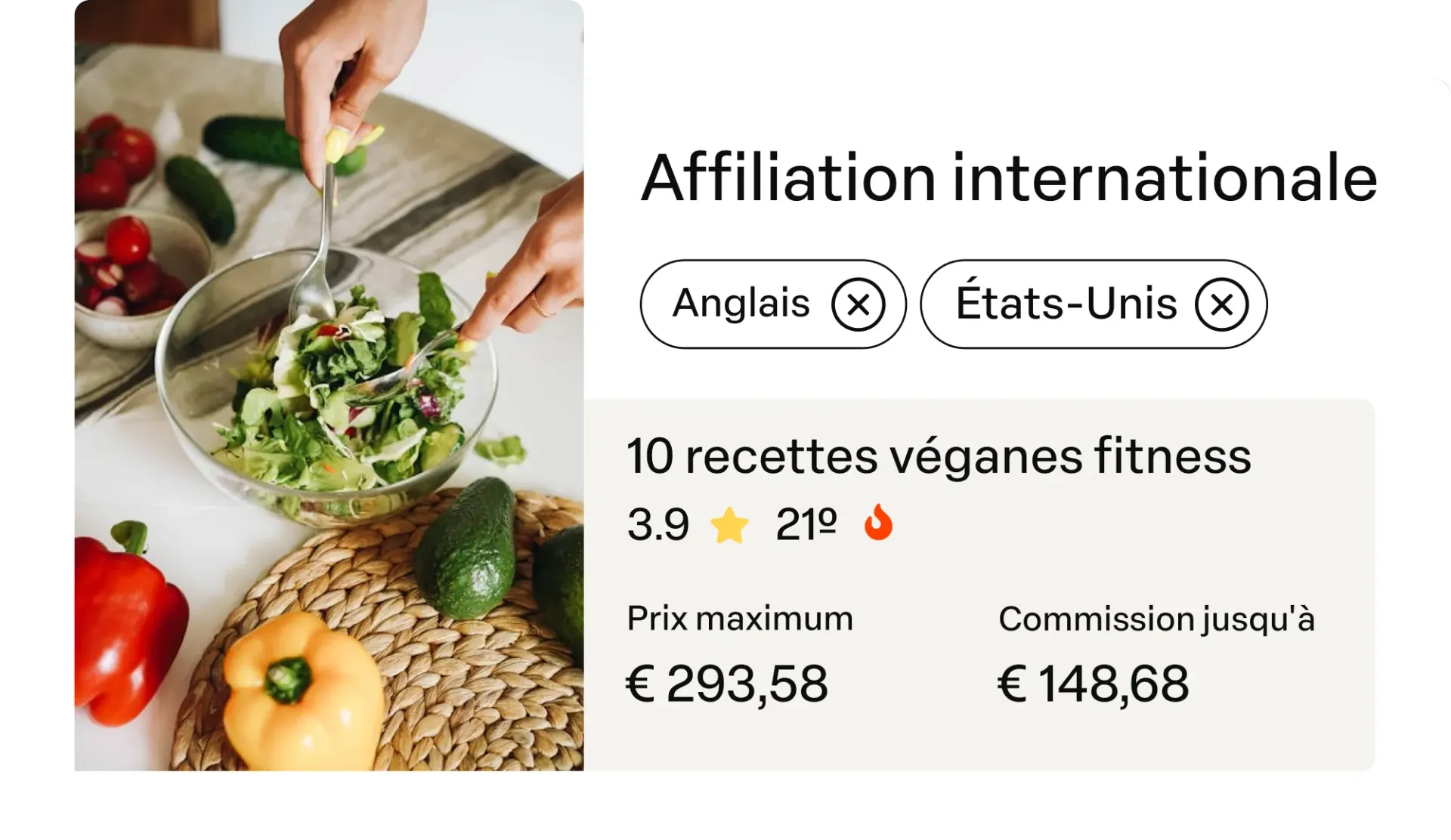 Produit de recettes véganes en affiliation internationale avec filtres par langue et pays, prix et commission de l’affilié
