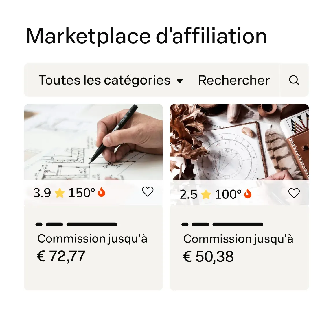 Écran Marché des Affiliés avec deux cartes de commission et des filtres de catégorie et de recherche.