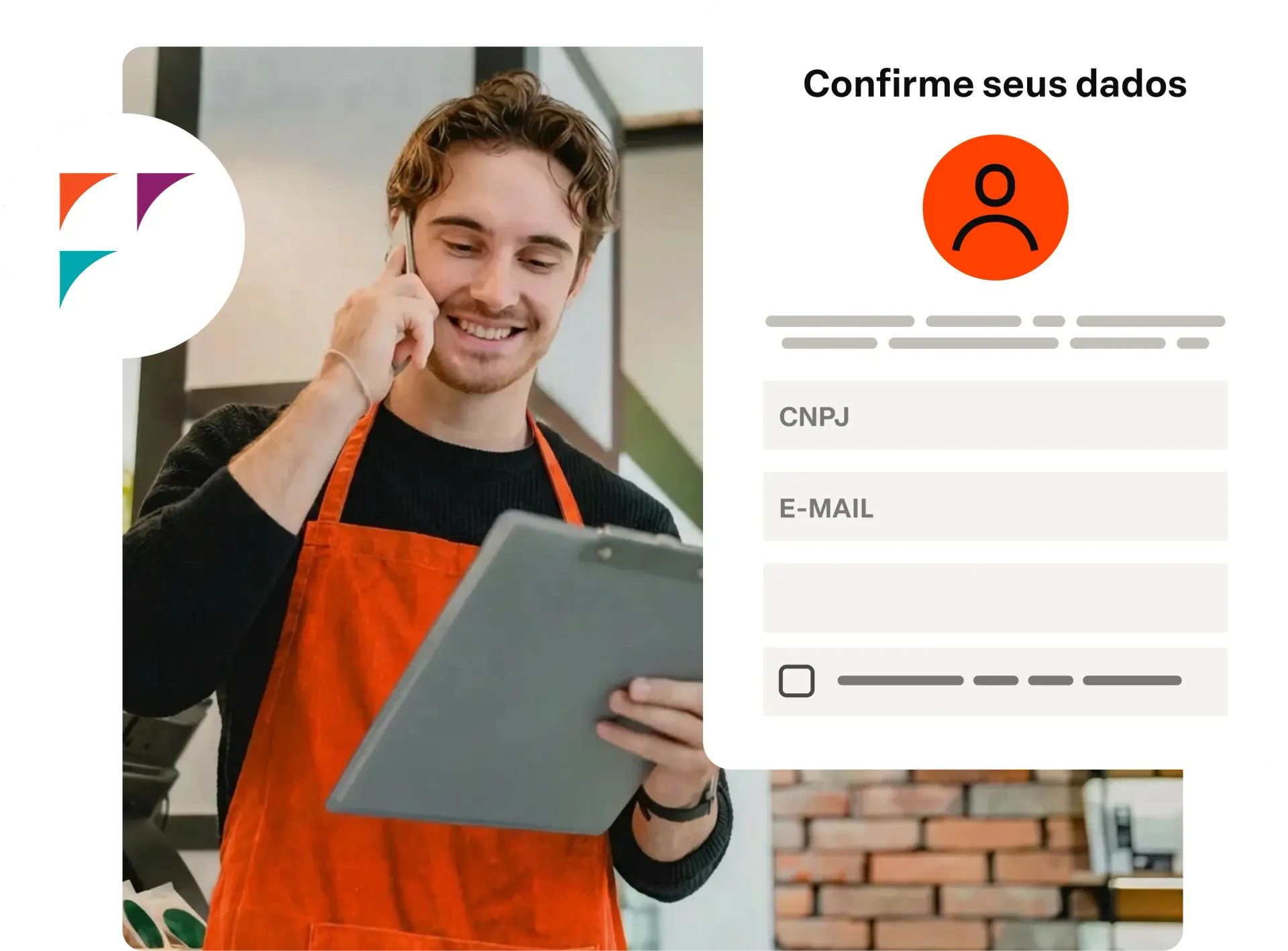 Entregador usando um tablet ao lado de um formulário de inscrição intitulado “Confirme seus dados”