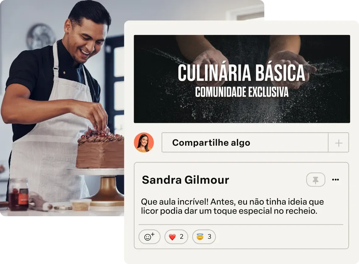 Homem preparando uma torta com banner “Culinária Básica” e convite “Compartilhe algo”