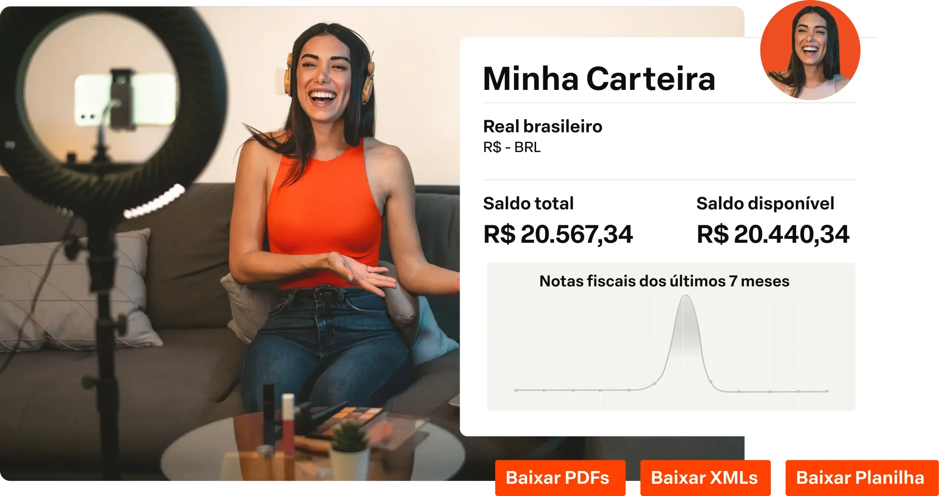 Página de carteira com foto de mulher sorrindo ao lado de gráfico financeiro e botões laranja de ação