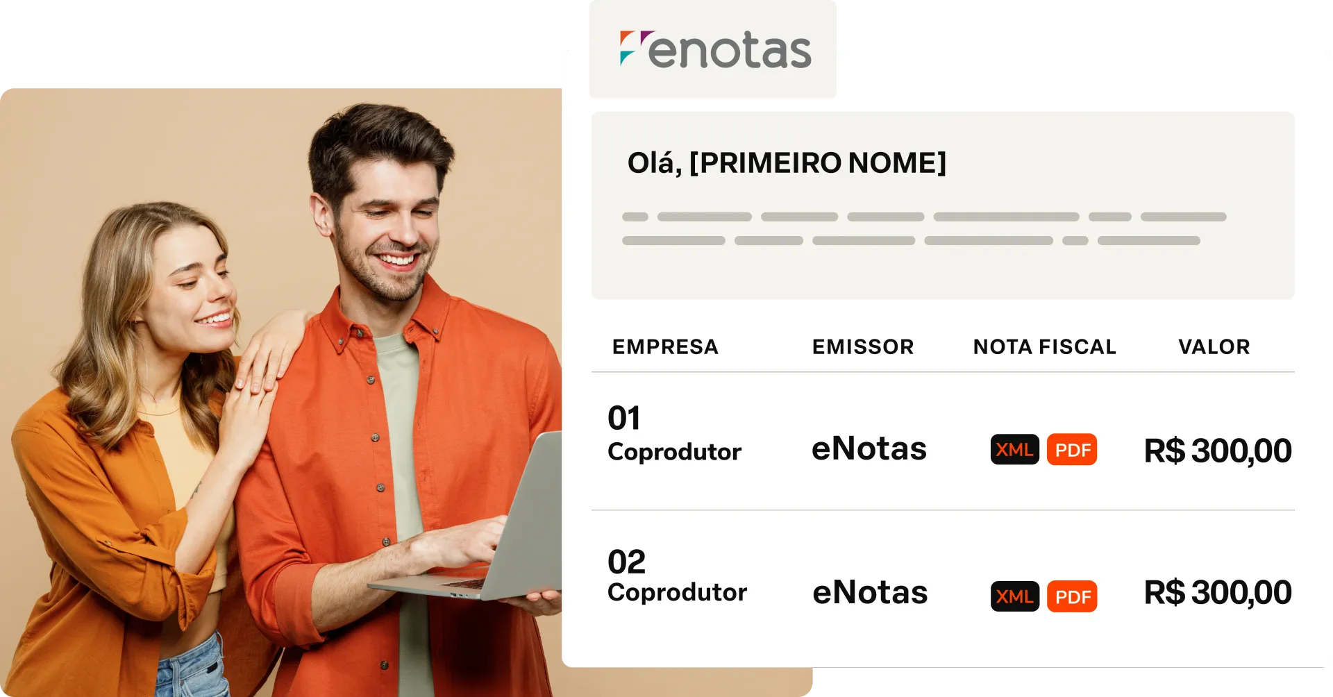 Slide promocional da eNotas com um casal sorridente e uma tabela de preços dos serviços em laranja e branco.