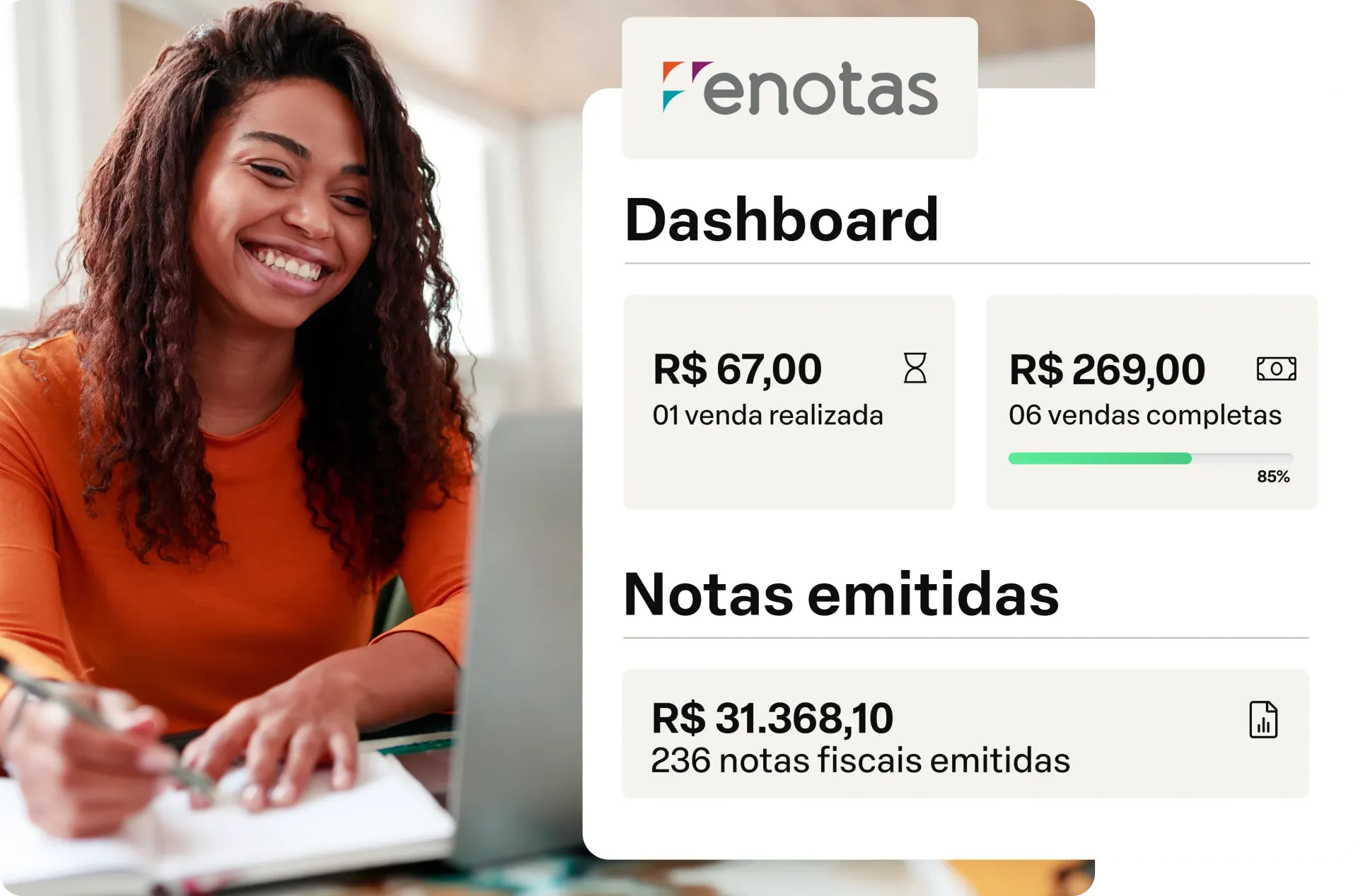 Dashboard da Renotas com valores de vendas e notas emitidas ao lado de uma mulher sorrindo com laptop.