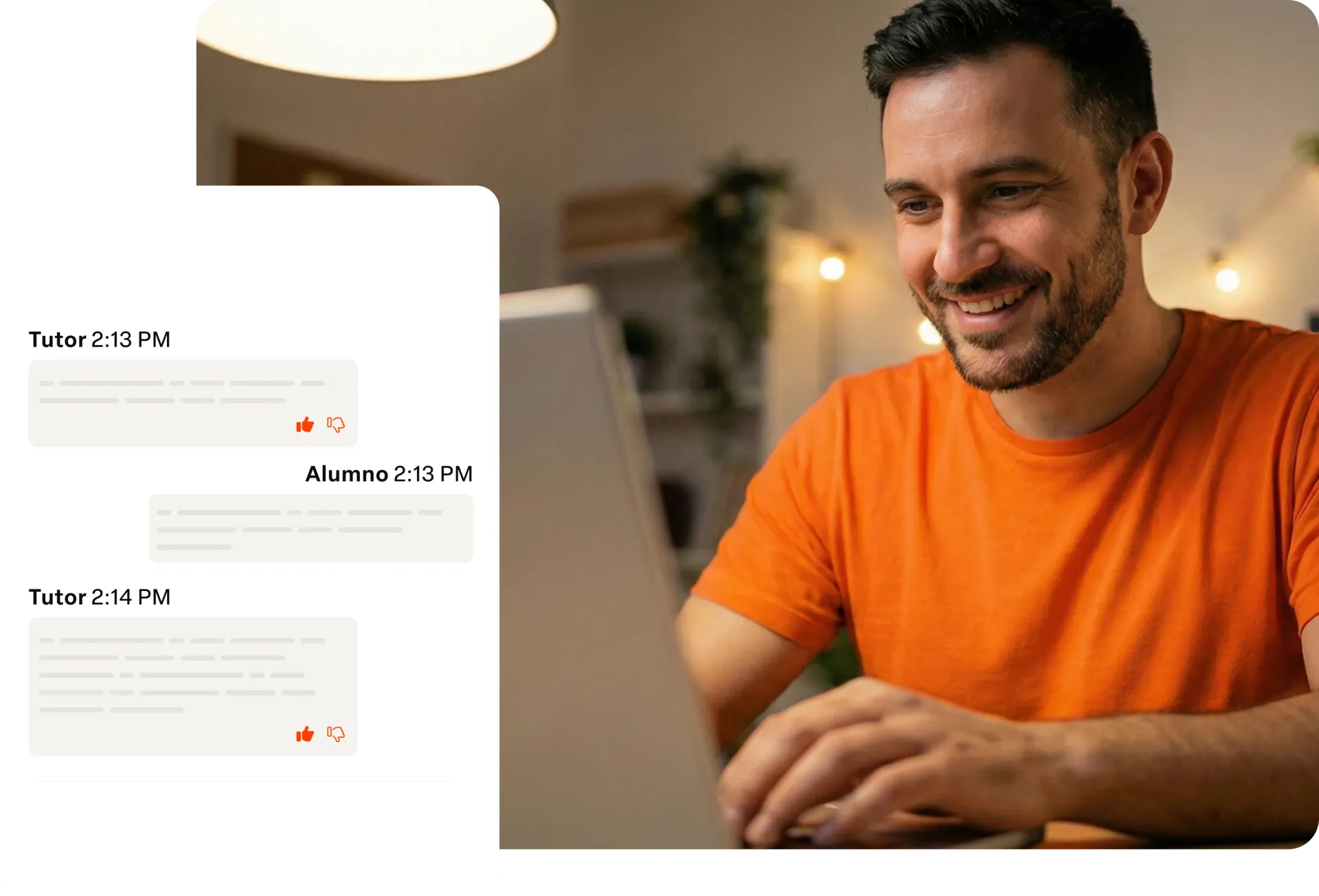 Interface do Hotmart Tutor ao lado de um homem de camisa laranja digitando em um laptop.