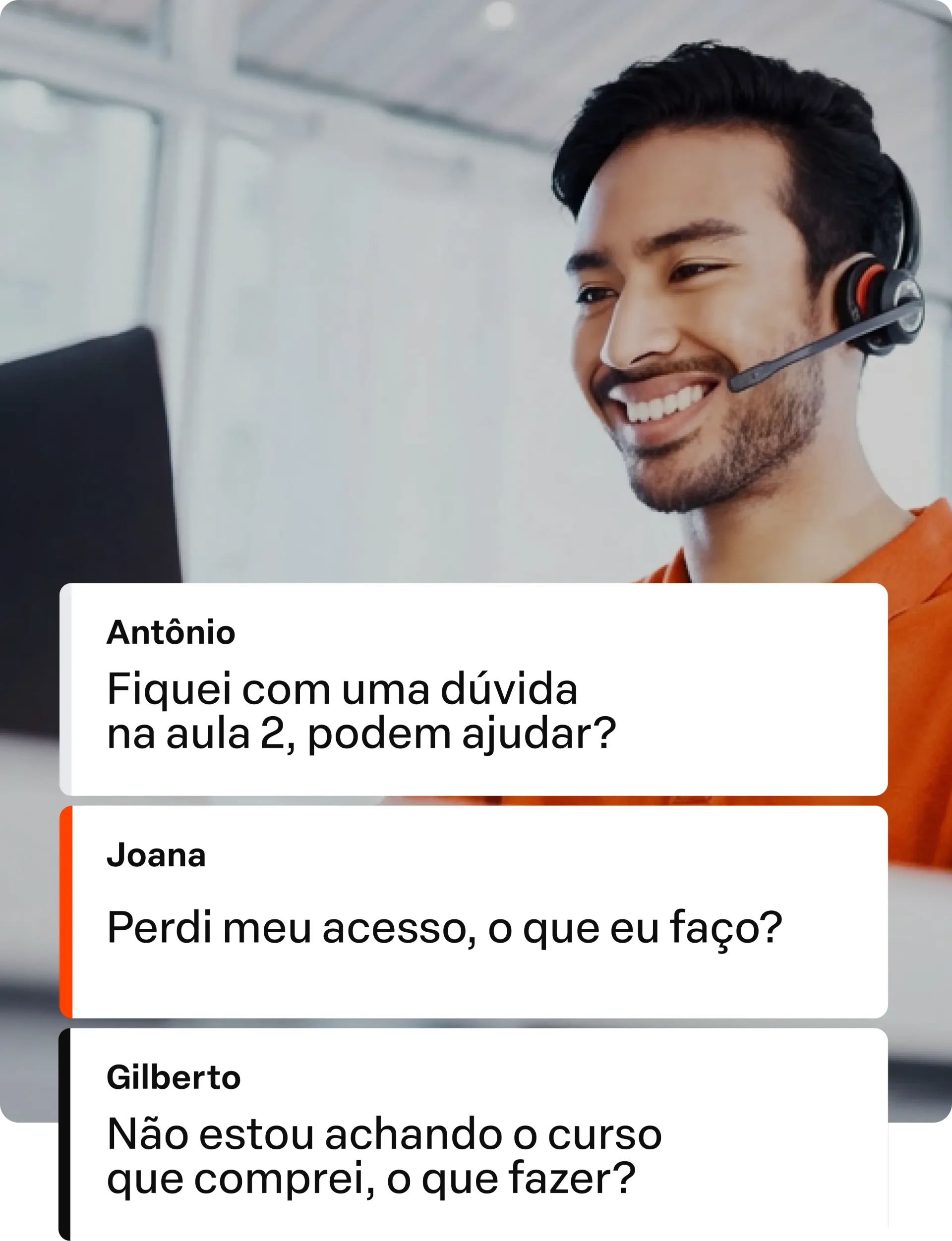 Atendente com headset sorrindo ao lado de mensagens de dúvidas e acesso a curso em uma interface de suporte