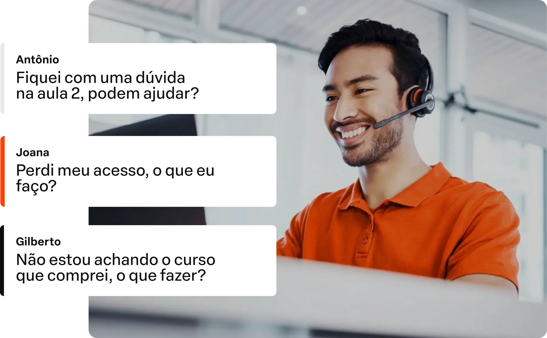 Pessoa com headset ao lado de balões de chat em português em uma interface de suporte online.