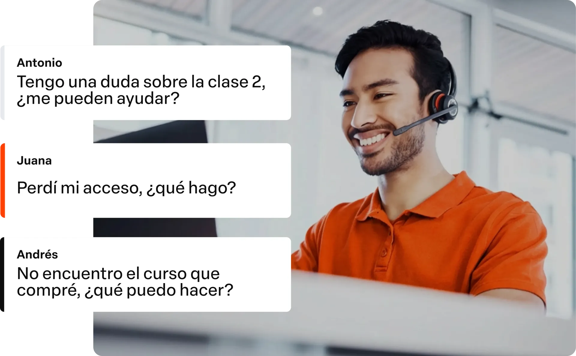 Pessoa com headset ao lado de balões de chat em português em uma interface de suporte online.