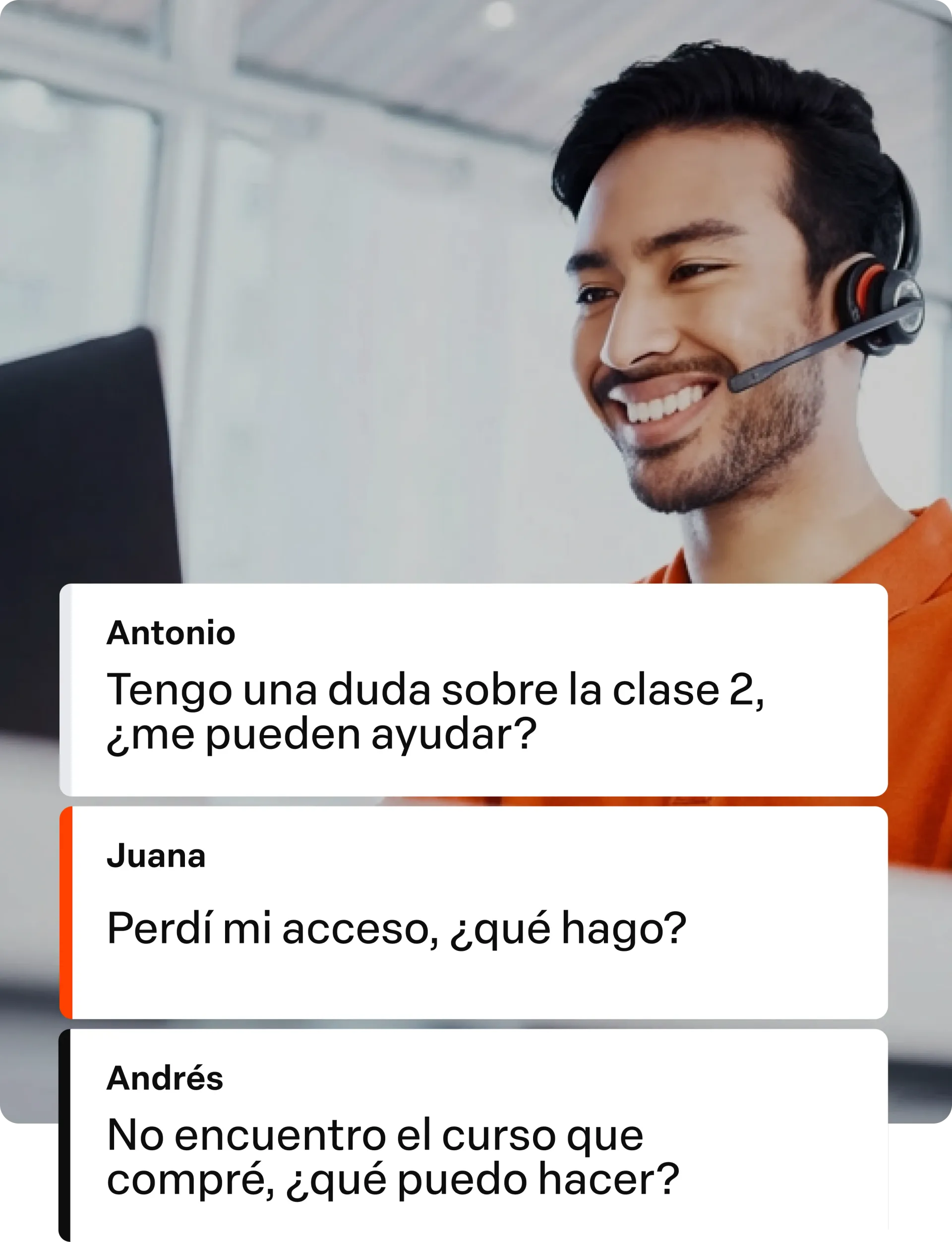 Atendente com headset sorrindo ao lado de mensagens de dúvidas e acesso a curso em uma interface de suporte