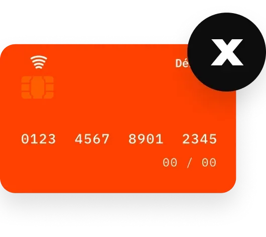 Cartão de crédito laranja com chip e ícone de pagamento por aproximação, parcialmente coberto por um botão preto de fechar com um X branco.