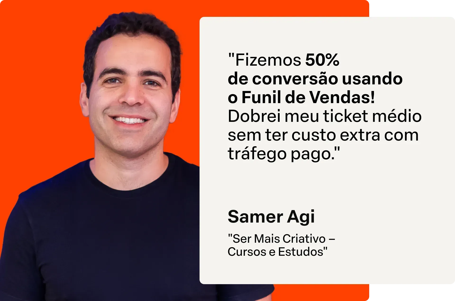 Retrato de Samer Agi ao lado de texto promocional sobre aumentar conversões com funil de vendas.