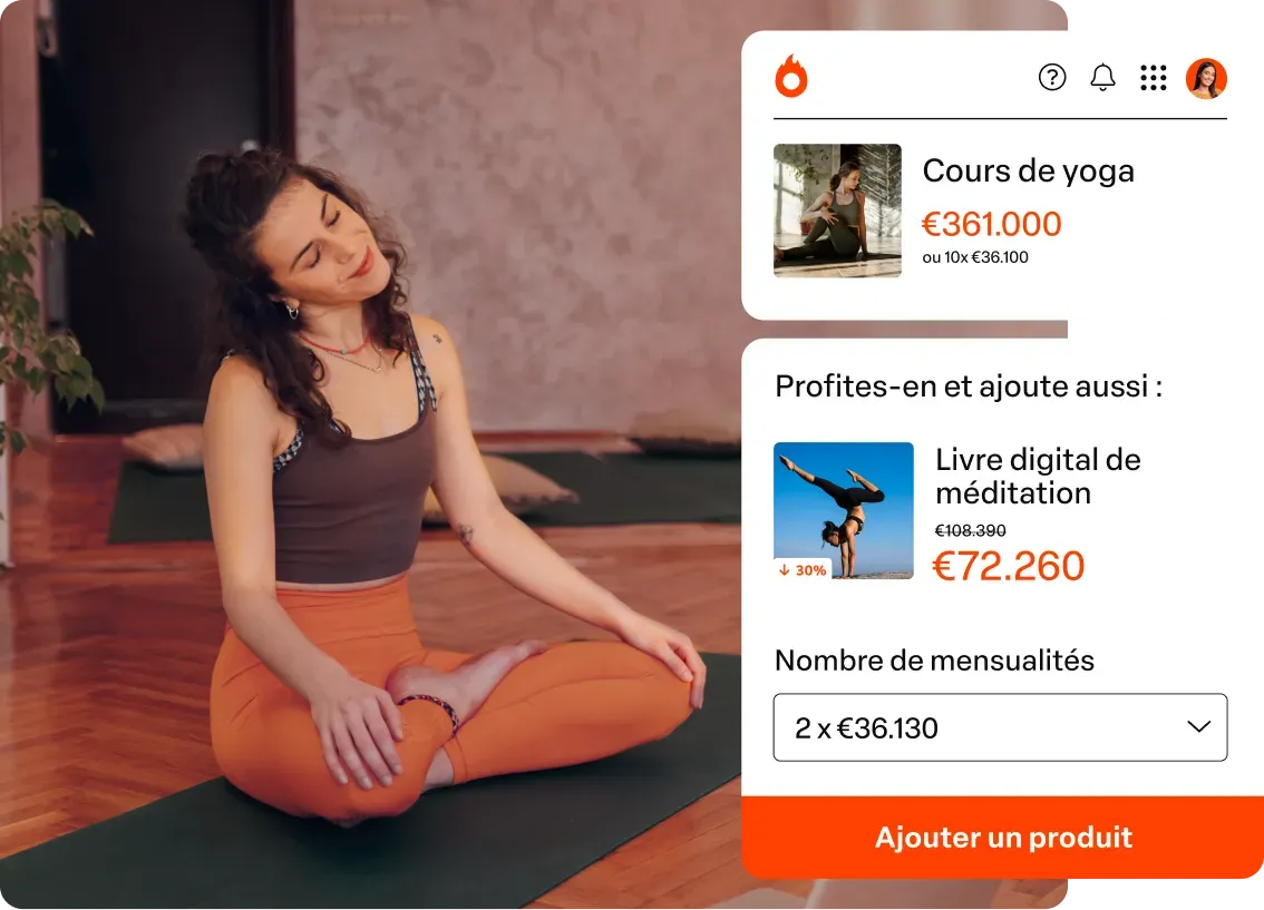 Checkout d’un cours de yoga avec un order bump proposant un livre digital de méditation en un clic