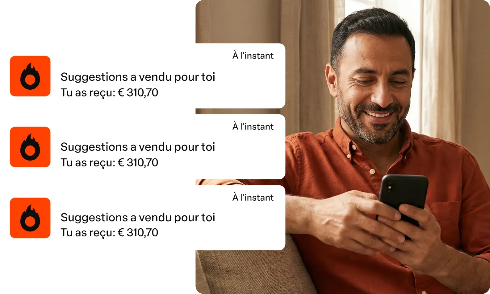Homme recevant des suggestions de produits après l’achat sur son smartphone