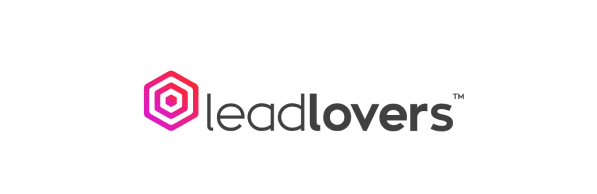 O logotipo da leadlovers é um logotipo rosa e preto com um hexágono no meio.